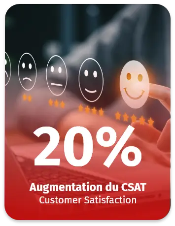 Main sélectionnant une icône sourire parmi plusieurs visages, symbolisant une augmentation de 20 % de la satisfaction client (CSAT).