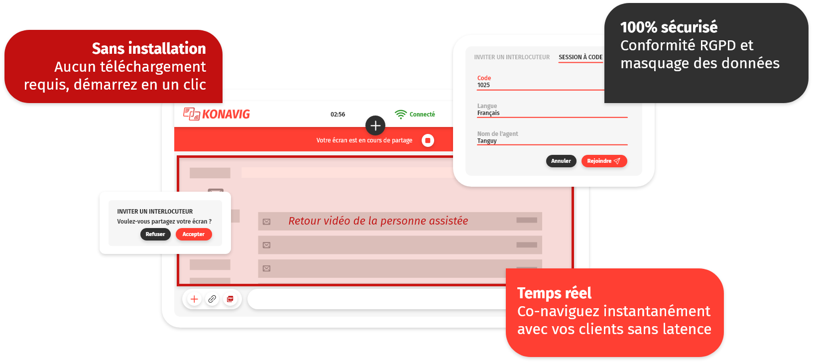 Capture d’écran de la plateforme Konavig avec messages d’assistance, affichant les fonctions de co-navigation en temps réel, conformité RGPD et démarrage sans installation.