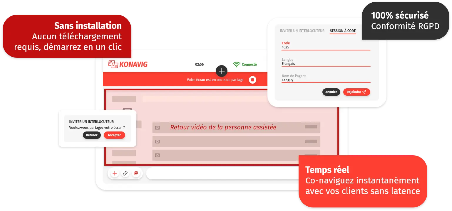 Capture d’écran de la plateforme Konavig avec messages d’assistance, affichant les fonctions de co-navigation en temps réel, conformité RGPD et démarrage sans installation.