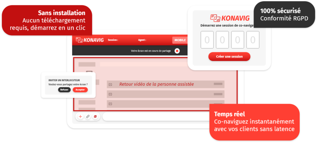 Capture d’écran de la plateforme Konavig avec messages d’assistance, affichant les fonctions de co-navigation en temps réel, conformité RGPD et démarrage sans installation.